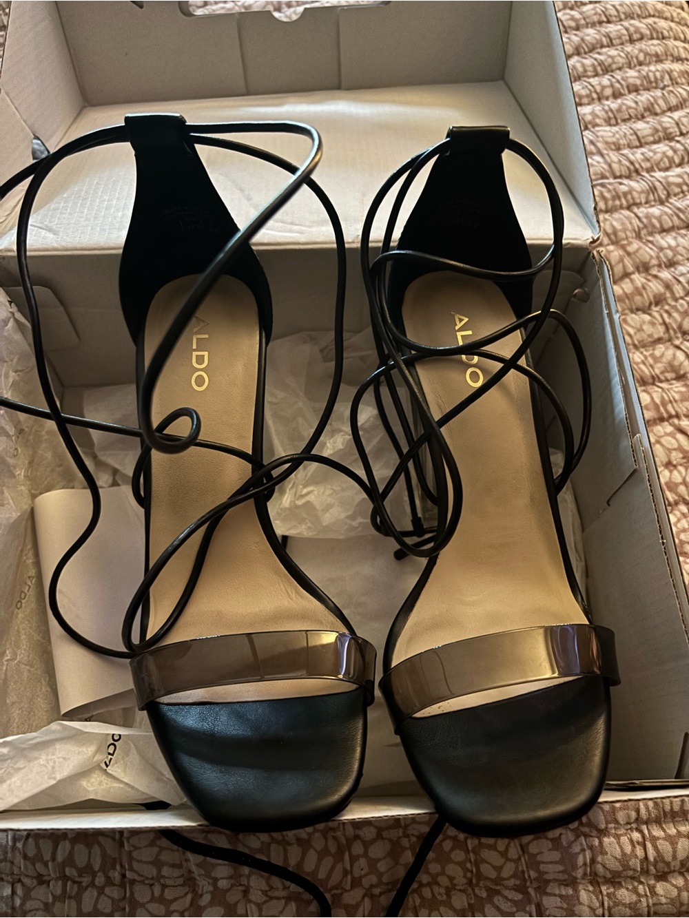 Aldo Black Lace-Up Heeled Sandals with Metallic Strap